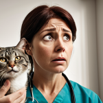 A close-up, impactful shot of a worried pet owner, appearing visibly distressed, holding an astronomically large and daunting veterinary bill. Beside them, a beloved, slightly frail old cat or a small dog looks up with gentle, somewhat unwell eyes, evoking strong empathy. The setting is a clean, modern veterinary clinic reception area. The owner's face conveys a mix of shock and despair at the unexpected financial burden. The overall aesthetic should be realistic, with slightly desaturated colors to emphasize the gravity and emotional weight of the situation. Consider a general European or French appearance for the owner and the clinic style.