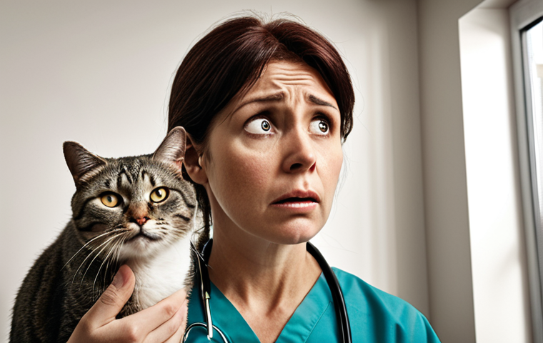 A close-up, impactful shot of a worried pet owner, appearing visibly distressed, holding an astronomically large and daunting veterinary bill. Beside them, a beloved, slightly frail old cat or a small dog looks up with gentle, somewhat unwell eyes, evoking strong empathy. The setting is a clean, modern veterinary clinic reception area. The owner's face conveys a mix of shock and despair at the unexpected financial burden. The overall aesthetic should be realistic, with slightly desaturated colors to emphasize the gravity and emotional weight of the situation. Consider a general European or French appearance for the owner and the clinic style.