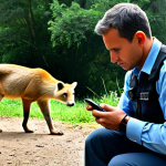 Reporting a Wounded Animal**

"A concerned citizen, fully clothed in appropriate outdoor attire, is using a smartphone to report a wounded wild animal to the authorities. The background shows a natural environment with trees and foliage. The animal is subtly visible in the distance, indicating a safe observation point. Safe for work, appropriate content, fully clothed, professional, family-friendly, perfect anatomy, natural proportions, high quality."

**