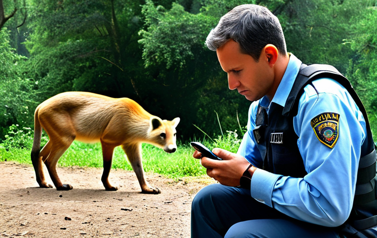 Reporting a Wounded Animal**

"A concerned citizen, fully clothed in appropriate outdoor attire, is using a smartphone to report a wounded wild animal to the authorities. The background shows a natural environment with trees and foliage. The animal is subtly visible in the distance, indicating a safe observation point. Safe for work, appropriate content, fully clothed, professional, family-friendly, perfect anatomy, natural proportions, high quality."

**