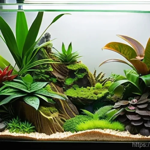 파충류 테라리움 세팅 방법 - **A lush and vibrant tropical terrarium, meticulously arranged to replicate a humid jungle environme...