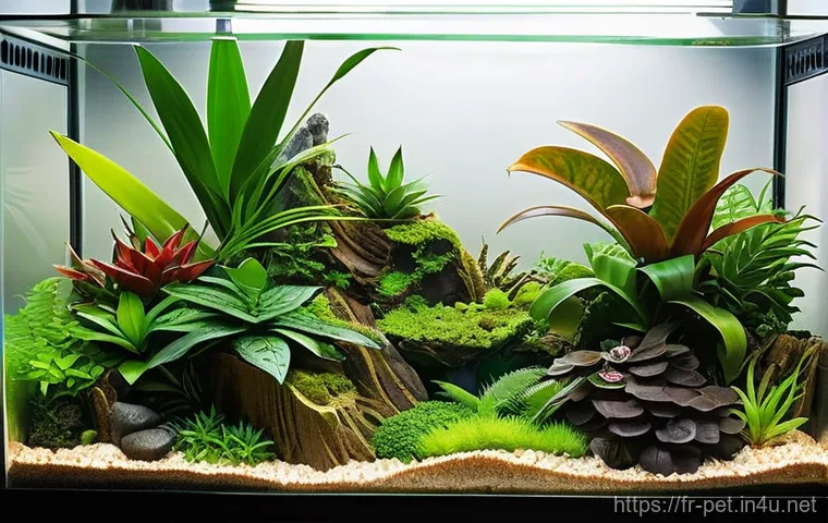 파충류 테라리움 세팅 방법 - **A lush and vibrant tropical terrarium, meticulously arranged to replicate a humid jungle environme...
