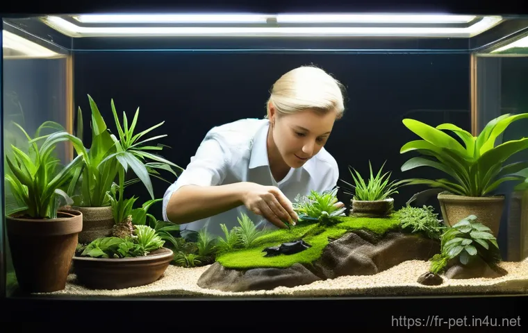 파충류 테라리움 세팅 방법 - **A bright and spacious desert terrarium bathed in the warm, focused glow of a basking lamp. The ari...
