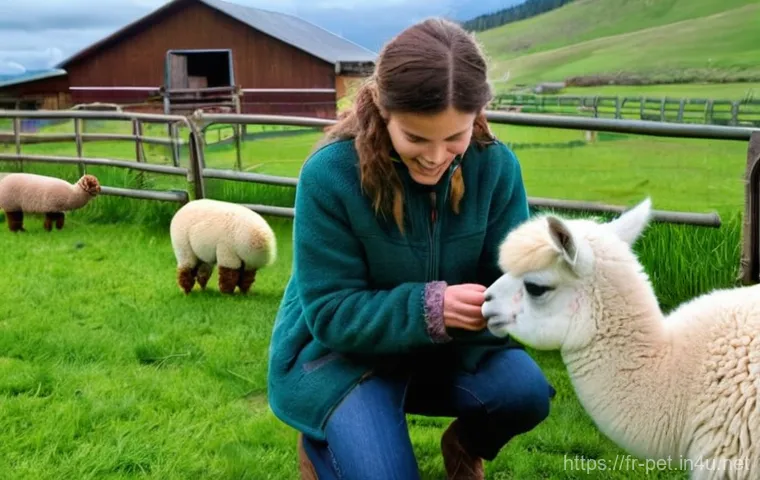 알파카 목장 체험 - **Prompt: A Serene First Encounter at an Alpaca Farm**
    "A heartwarming scene at a picturesque fa...