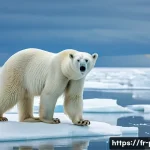 북극곰 멸종 원인 - A majestic polar bear standing on a melting Arctic sea ice floe during summer, surrounded by fragmen...